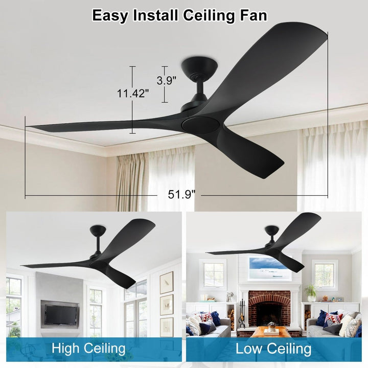 Depuley 52" Modern Ceiling Fan No Light with Remote, Indoor/Outdoor Ceiling Fan Without Light, 3 Blade Low Profile Fan for Patios/Farmhouse Reversible DC Motor, 2 Downrods, Quiet Energy Saving, Black - WS-FPZ42-18B-BL 5 | DEPULEY