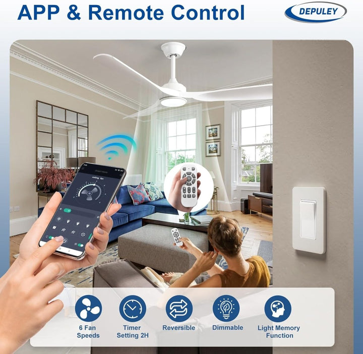 Depuley 52" Modern Ceiling Fan with Lights Remote Control, Low Profile Ceiling Fans Noiseless Reversible DC Motor for Bedroom/Living Room/Study/Patio Lighting, Timing, 3 Light Color Changeable - White - WS - FPZ40 - 18C - WH 10 | DEPULEY