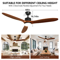 Depuley 60" Ceiling Fan with Light,Indoor Outdoor Wood Ceiling Fan with Remote, Low Profile Fan with 3 Rubber Wood Blades, Noiseless AC Motor Ceiling Fans for Living Room Bedroom Porch, 1/2/4/8 Timer - WS-FPZ31-12B 3 | DEPULEY