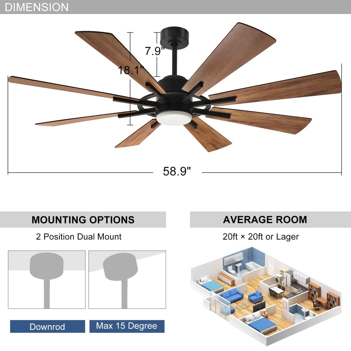 Depuley 60" Ceiling Fan with Lights and Remote Control, Farmhouse Large Ceiling Fan, Reversible Motor and 8 Blades, 3CCT Selectable for Living Room Basement Porch Patio, 5-Speed Remote Control, Timer - WS-FPZ44-18C-BR 3 | DEPULEY