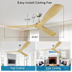 Depuley 60 Inch Large Ceiling Fan No Light with Remote, Low Profile Modern Ceiling Fans Without Lights, Noiseless Reversible DC Motor for Patio/Kitchen/Farmhouse & Covered Outdoor, Timer-Wood Color - WS-FPZ43-18B-NE 4 | DEPULEY