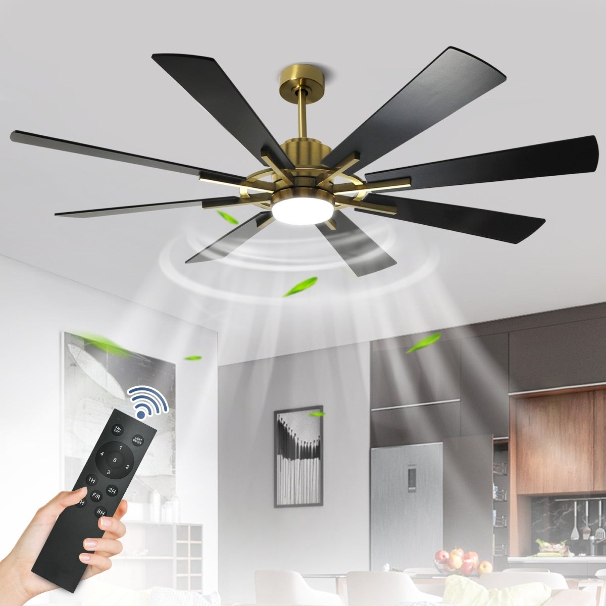 Depuley 60" Large Ceiling Fan with Light, Modern Black Gold Reversible Ceiling Fan with Light LED and 8 Plywood Blades, Outdoor DC Ceiling Fans with 5-Speed for Covered Patios, 3CCT 3000K-6000K, Timer - WS-FPZ44-18C-CO 1 | DEPULEY