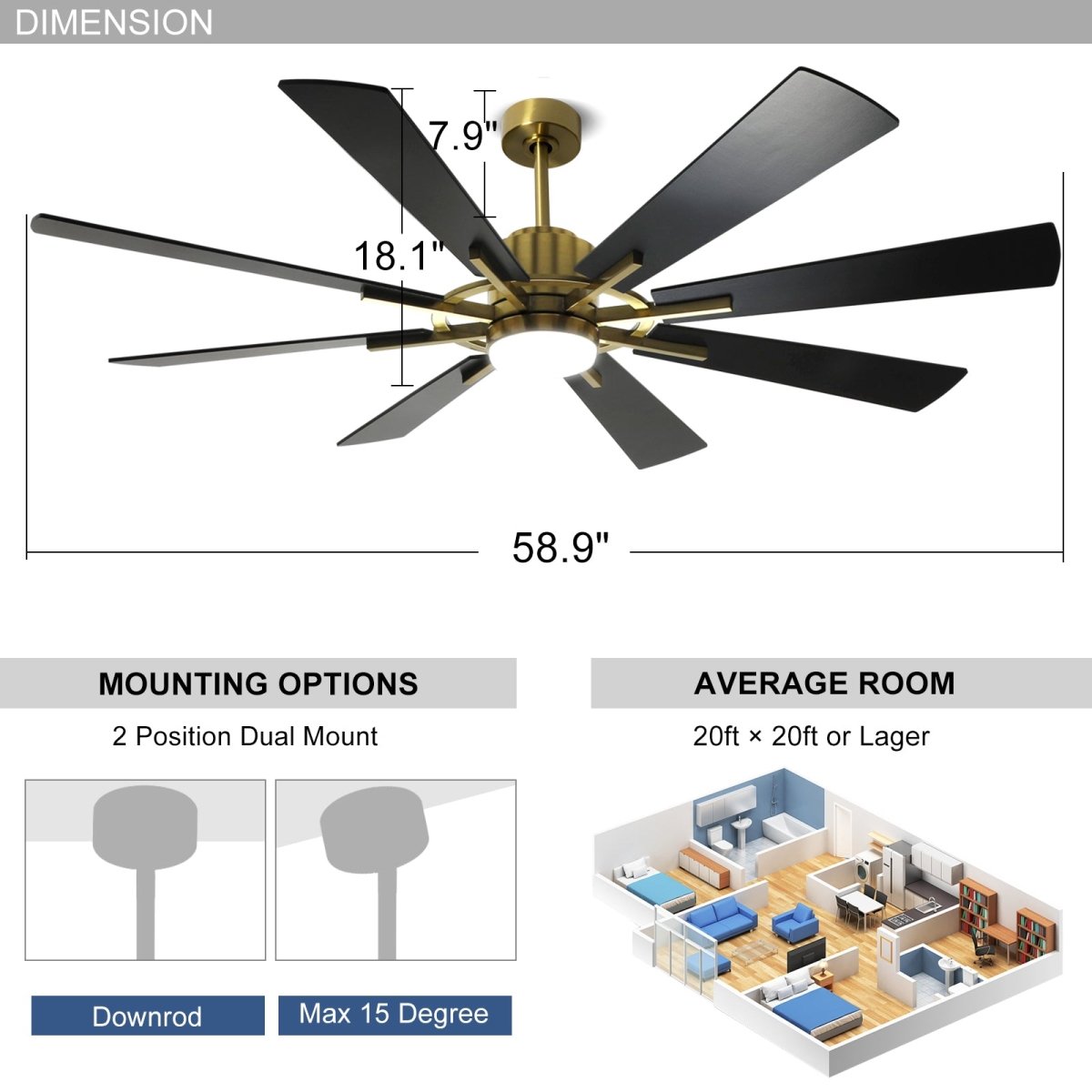 Depuley 60" Large Ceiling Fan with Light, Modern Black Gold Reversible Ceiling Fan with Light LED and 8 Plywood Blades, Outdoor DC Ceiling Fans with 5-Speed for Covered Patios, 3CCT 3000K-6000K, Timer - WS-FPZ44-18C-CO 3 | DEPULEY