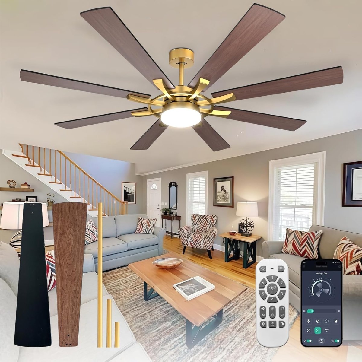 Depuley 60" Large Ceiling Fan with Lights and Remote Control, 8 Plywood Blades Ceiling Fan with Remote 5 - Speed Reversible DC Motor Ceiling Fans for Farmhouse Living Room Bedroom Outdoor Patios, Black Brown/Walnut - 10 | DEPULEY