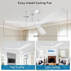 Depuley 60" White Flush Mount Remote Ceiling Fan No Light, Low Profile Modern Ceiling Fans Without Light, Noiseless Reversible DC Motor for Patios/Living Room/Study/Gazebo, Timing - WS-FPZ43-18B-WH 3 | DEPULEY