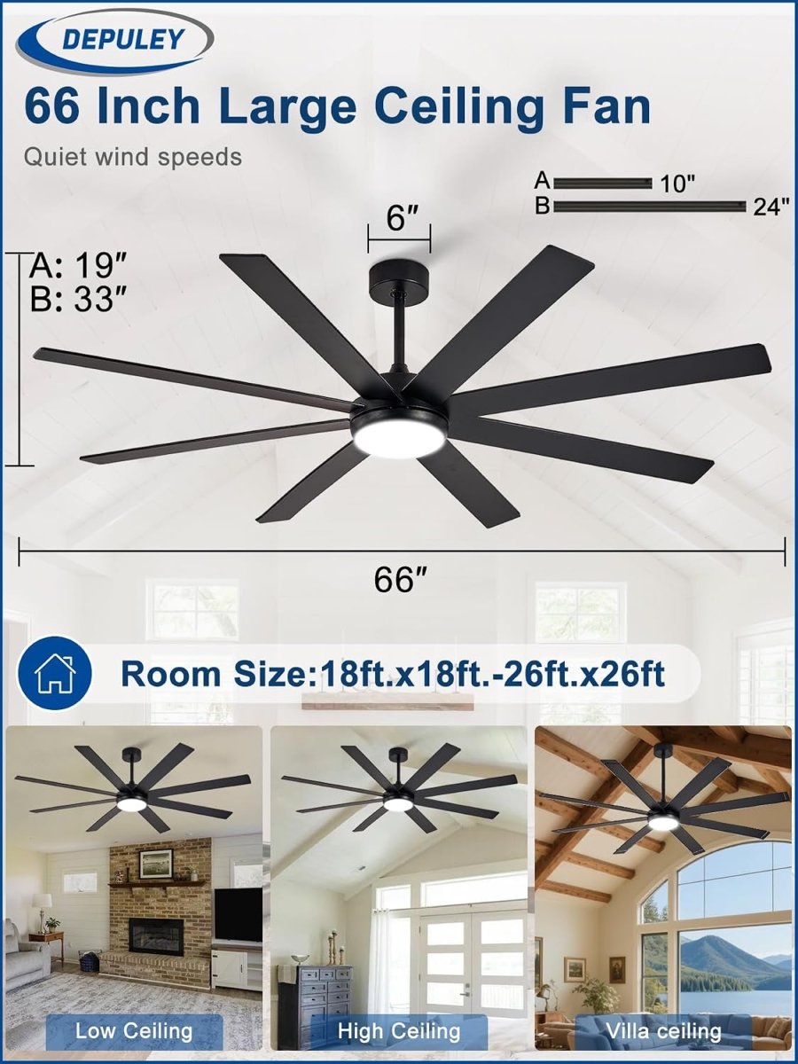 Depuley 66" Ceiling Fan with Dimmable Light – 8-Blade Black/Walnut, Remote & App Control - WS-FPZ197-66C-BK 4 | DEPULEY