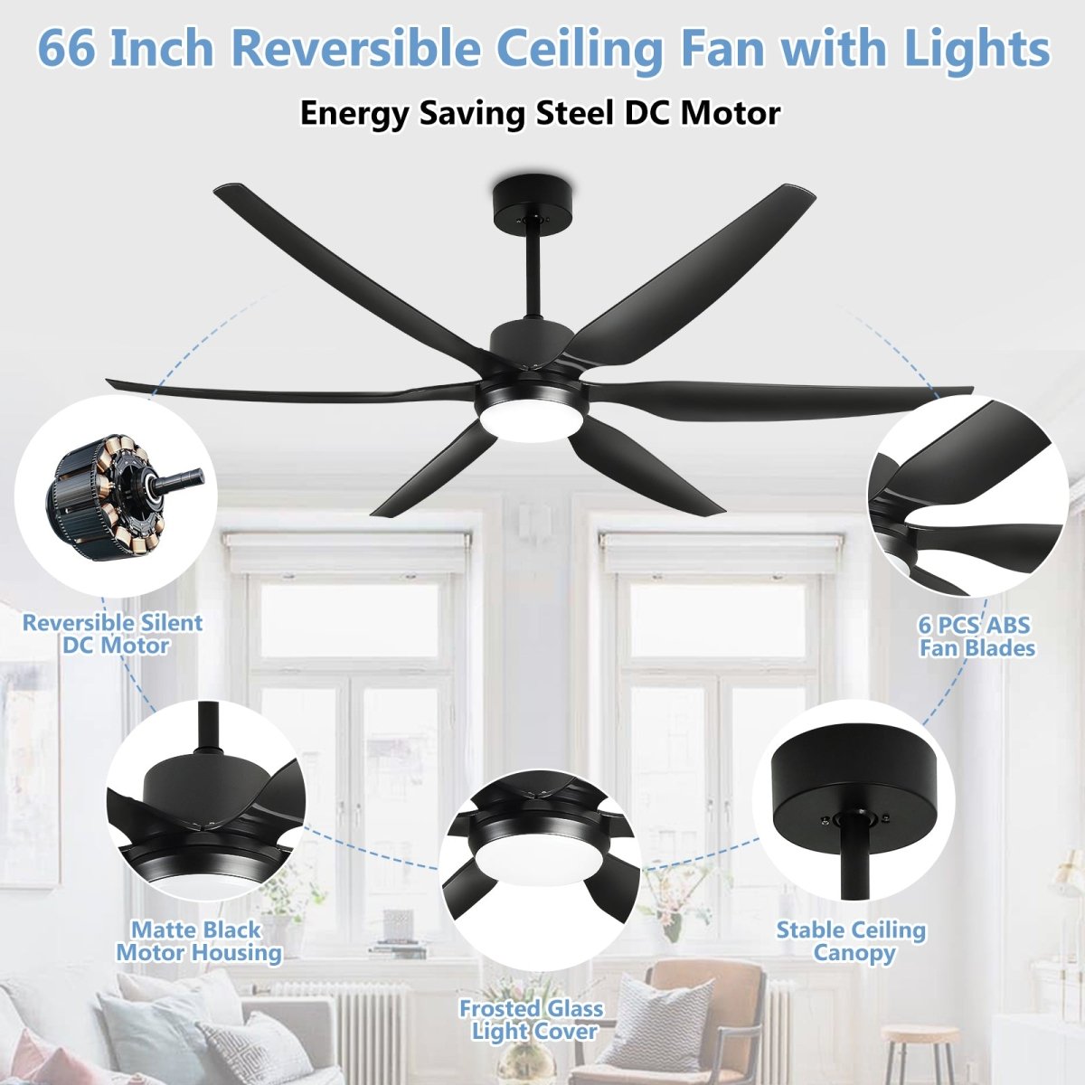 Depuley 66 Inch Black Ceiling Fans with Lights Remote Control, 6 Blade Modern Ceiling Fan with Dimmble LED Lights, Indoor and Outdoor for Patio, Living Room, Bedroom, Office, Reversible Quiet DC Motor - WS-FPZ32-12B-BK 4 | DEPULEY