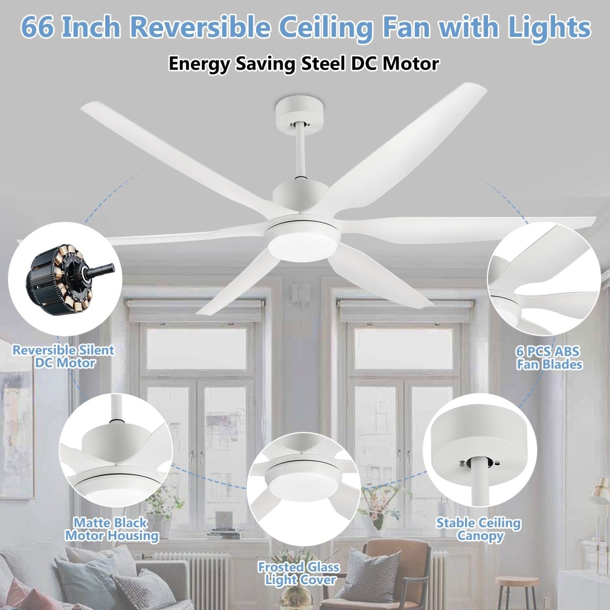 Depuley 66 Inch White Ceiling Fans with Lights Remote Control, 6 Blade Modern Ceiling Fan with Dimmble LED Lights, Indoor and Outdoor for Patio, Living Room, Bedroom, Office, Reversible Quiet DC Motor - WS-FPZ32-12B-WH 3 | DEPULEY
