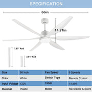 Depuley 66 Inch White Ceiling Fans with Lights Remote Control, 6 Blade Modern Ceiling Fan with Dimmble LED Lights, Indoor and Outdoor for Patio, Living Room, Bedroom, Office, Reversible Quiet DC Motor - WS-FPZ32-12B-WH 8 | DEPULEY