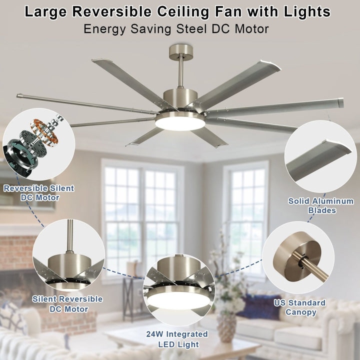 Depuley 72" Large Ceiling Fans with Light and remote, Modern Nickel Reversible Ceiling Fan with Light LED and 8 Aluminum Blades, Outdoor DC Ceiling Fans with 6-Speed for Covered Patios, 3CCT, Timer - WS-FPZ57-24C-8-NS 6 | DEPULEY