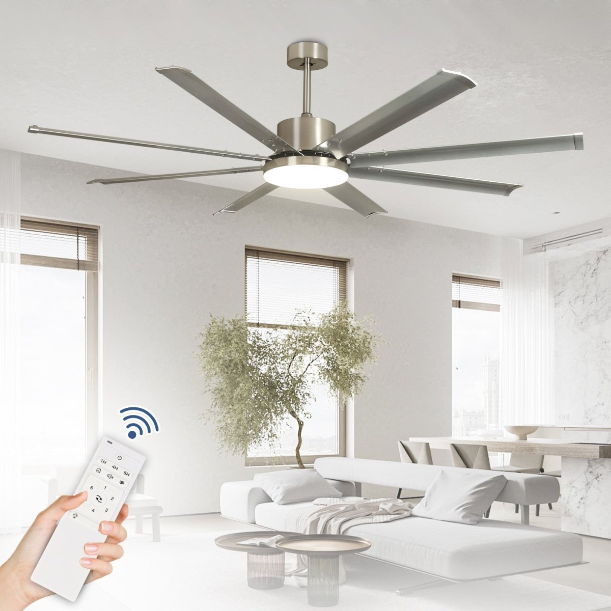 Depuley 72" Large Ceiling Fans with Light and remote, Modern Nickel Reversible Ceiling Fan with Light LED and 8 Aluminum Blades, Outdoor DC Ceiling Fans with 6-Speed for Covered Patios, 3CCT, Timer - WS-FPZ57-24C-8-NS 1 | DEPULEY