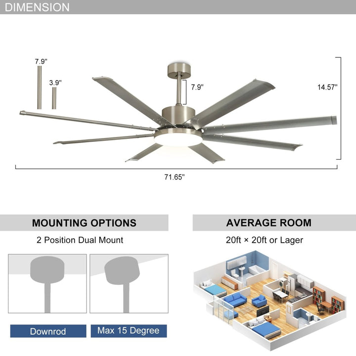 Depuley 72" Large Ceiling Fans with Light and remote, Modern Nickel Reversible Ceiling Fan with Light LED and 8 Aluminum Blades, Outdoor DC Ceiling Fans with 6-Speed for Covered Patios, 3CCT, Timer - WS-FPZ57-24C-8-NS 3 | DEPULEY