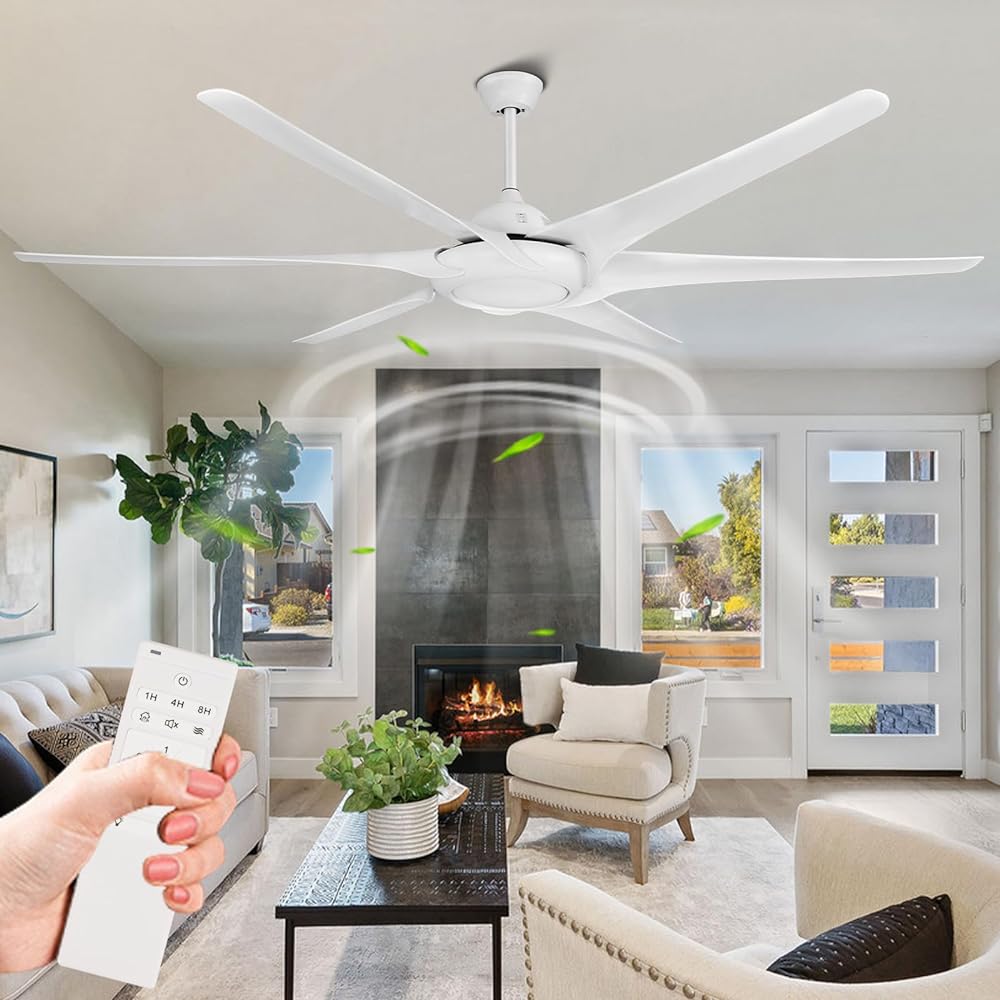 Depuley 80'' / 100'' White Modern Remote Ceiling Fan No Light, Low Profile Ceiling Fans Without Light, Large Ceiling Fan Noiseless Reversible DC Motor for Living Room/Patio/Farmhouser, 6-Speed, Timing - WS-FNZ58-6-W 1 | DEPULEY