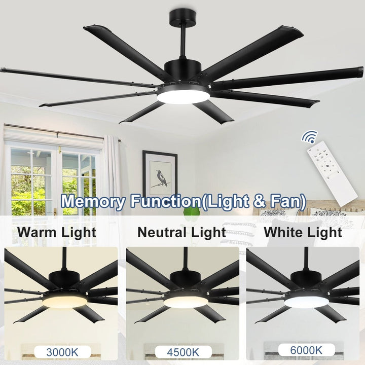 Depuley 80" Ceiling Fan With Lights and Remote, Large Black Ceiling Fans Quiet Reversible DC Motor 8 Aluminum Blades, Modern Ceiling Fan for Kitchen Living Room Patio, 6 Speed 3 CCT 3000K-6000K, Timer - WS-FPZ58-24C-8-B 3 | DEPULEY