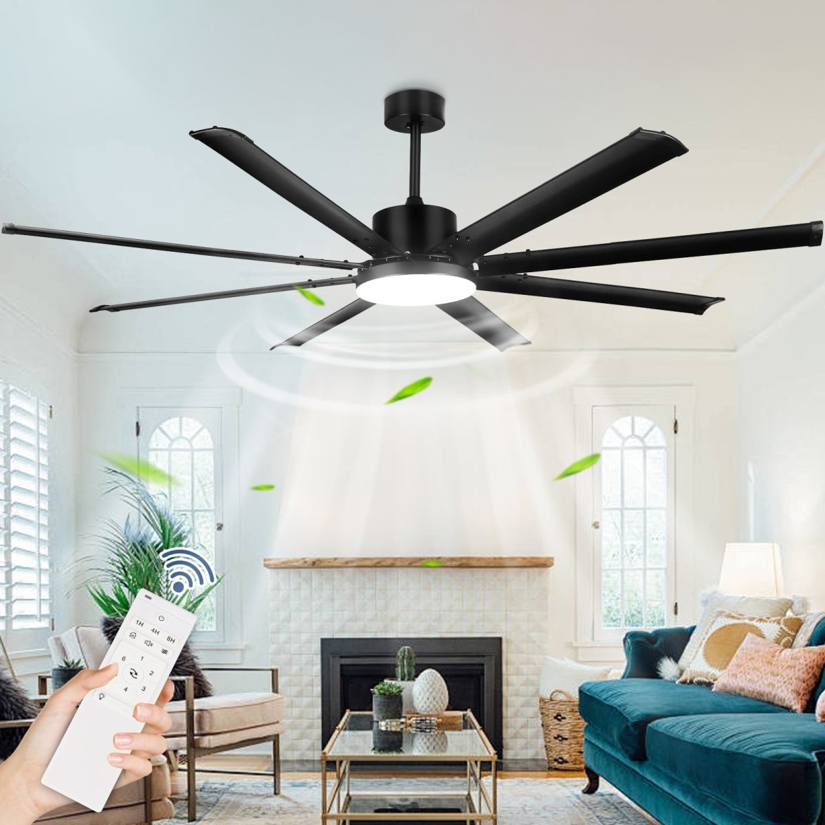 Depuley 80" Ceiling Fan With Lights and Remote, Large Black Ceiling Fans Quiet Reversible DC Motor 8 Aluminum Blades, Modern Ceiling Fan for Kitchen Living Room Patio, 6 Speed 3 CCT 3000K-6000K, Timer - WS-FPZ58-24C-8-B 1 | DEPULEY