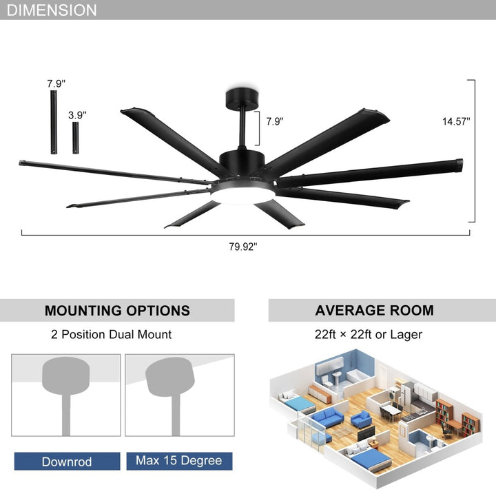Depuley 80" Ceiling Fan With Lights and Remote, Large Black Ceiling Fans Quiet Reversible DC Motor 8 Aluminum Blades, Modern Ceiling Fan for Kitchen Living Room Patio, 6 Speed 3 CCT 3000K-6000K, Timer - WS-FPZ58-24C-8-B 8 | DEPULEY
