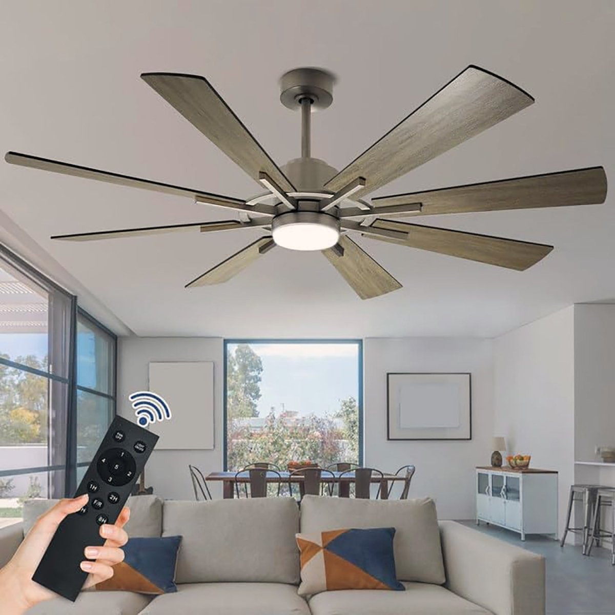 Depuley Ceiling Fan with Lights, 60" Reversible Large Industrial Ceiling fan with 8 Plywood Blades, 3 Light Colors Fandelier Ceiling Fans with Remote for Indoor and Covered Outdoor, 5-Speed Timer Gray - WS-FPZ44-18C-GR 2 | DEPULEY