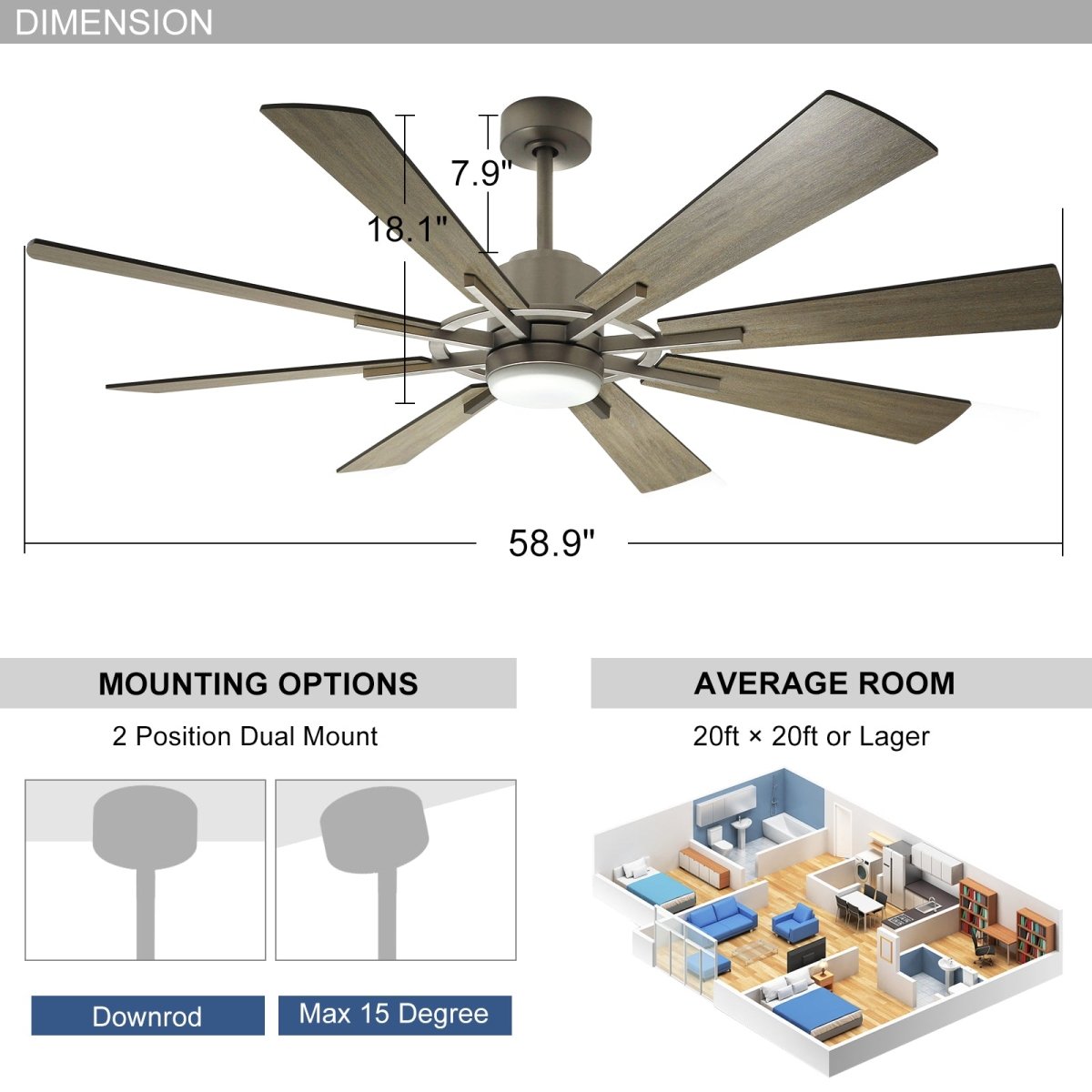 Depuley Ceiling Fan with Lights, 60" Reversible Large Industrial Ceiling fan with 8 Plywood Blades, 3 Light Colors Fandelier Ceiling Fans with Remote for Indoor and Covered Outdoor, 5-Speed Timer Gray - WS-FPZ44-18C-GR 3 | DEPULEY