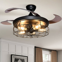 Depuley Ceiling Fan with Lights, Industrial Ceiling Fan with Retractable Blades, Vintage Cage Ceiling Light Fixture with Remote for Porch, Kitchen, Dining Room, Bedroom, Living Room, Farmhouse, Canteen, 5 Bulb Bases, Matte Black - WSFSL001 2 | DEPULEY