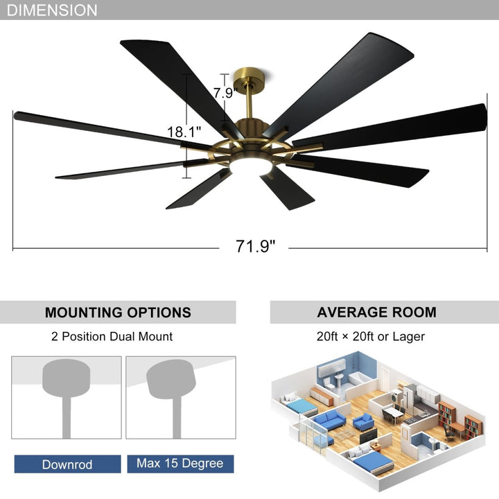 Depuley Large Ceiling Fan with Lights, 72" DC Reversible Ceiling Fan with Light LED, 8 Plywood Blades 5 Speed, Modern Industrial Ceiling Fans Indoor for Living Room, Color Changeable 3000K-6000K, Black & Gold - WS-FPZ45-18C-CO 3 | DEPULEY