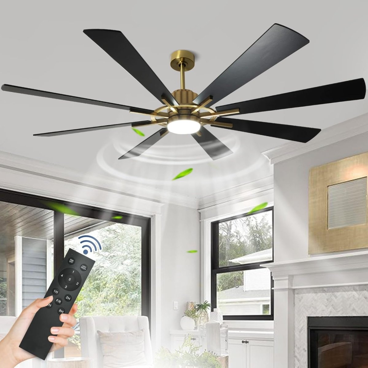 Depuley Large Ceiling Fan with Lights, 72" DC Reversible Ceiling Fan with Light LED, 8 Plywood Blades 5 Speed, Modern Industrial Ceiling Fans Indoor for Living Room, Color Changeable 3000K-6000K, Black & Gold - WS-FPZ45-18C-CO 1 | DEPULEY
