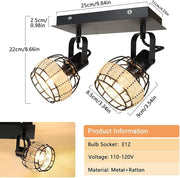 Depuley Led Ceiling Light 2 Ways Rotatable Ceiling Spotlight Industrial Swiveling Kitchen Ceiling Light Rustic Wall Light with Black Metal Cage and Rattan Lampshade for Living Room, Dining Room, Bedroom - WS-FNG46-40B 3 | DEPULEY