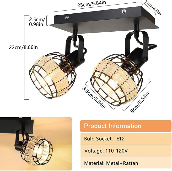 Depuley Led Ceiling Light 2 Ways Rotatable Ceiling Spotlight Industrial Swiveling Kitchen Ceiling Light Rustic Wall Light with Black Metal Cage and Rattan Lampshade for Living Room, Dining Room, Bedroom - WS-FNG46-40B 3 | DEPULEY