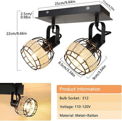 Depuley Led Ceiling Light 2 Ways Rotatable Ceiling Spotlight Industrial Swiveling Kitchen Ceiling Light Rustic Wall Light with Black Metal Cage and Rattan Lampshade for Living Room, Dining Room, Bedroom - WS-FNG46-40B 3 | DEPULEY