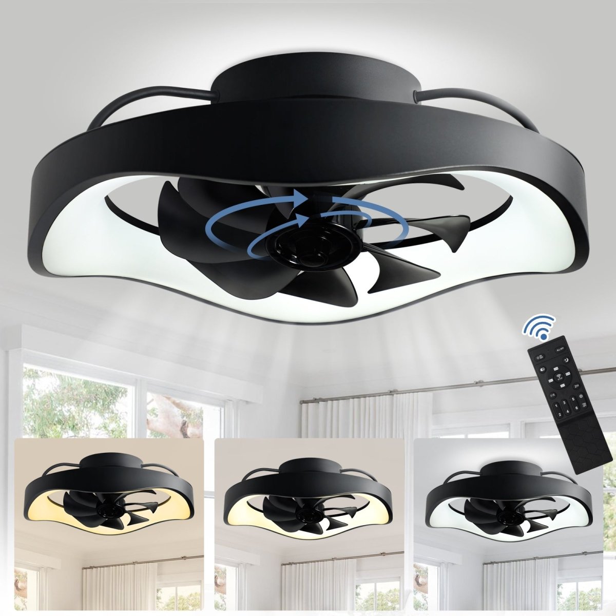Depuley Modern 20" Low Profile Ceiling Fan- 360° Oscillating, Flush Mount Ceiling Fan with Light and Remote, Dimmable LED Ceiling Fan, 3CCT Adjustable 6 Speeds Timing Fans for Bedroom, Kitchen, Black, Blossom - WS-FPZ53-32C-BK 1 | DEPULEY