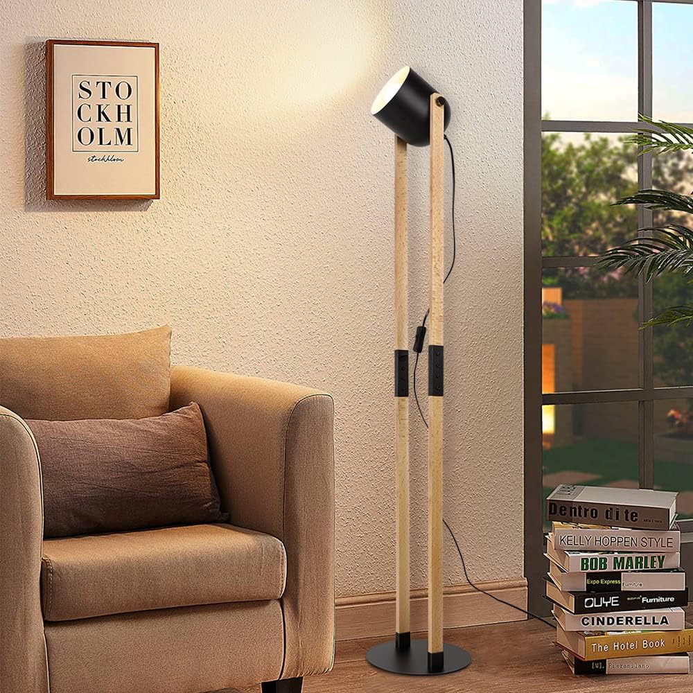 Depuley Modern Metal Wooden Floor Lamps for Living Room, 360° Heads Rotatable Standing Light with Pressure Switch, Reading Lamp for Bedroom Office Decoration, Bulb Included - WS-MNF33-60B 1 | DEPULEY
