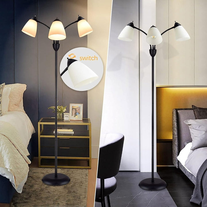Depuley Modern Reading Floor Lamp, 3-Light with Adjustable Flexible Gooseneck Tree Standing Lamp for Living Room, Bedroom, Study Room, Office -Black Metal White Shades - WSFLL003 8 | DEPULEY