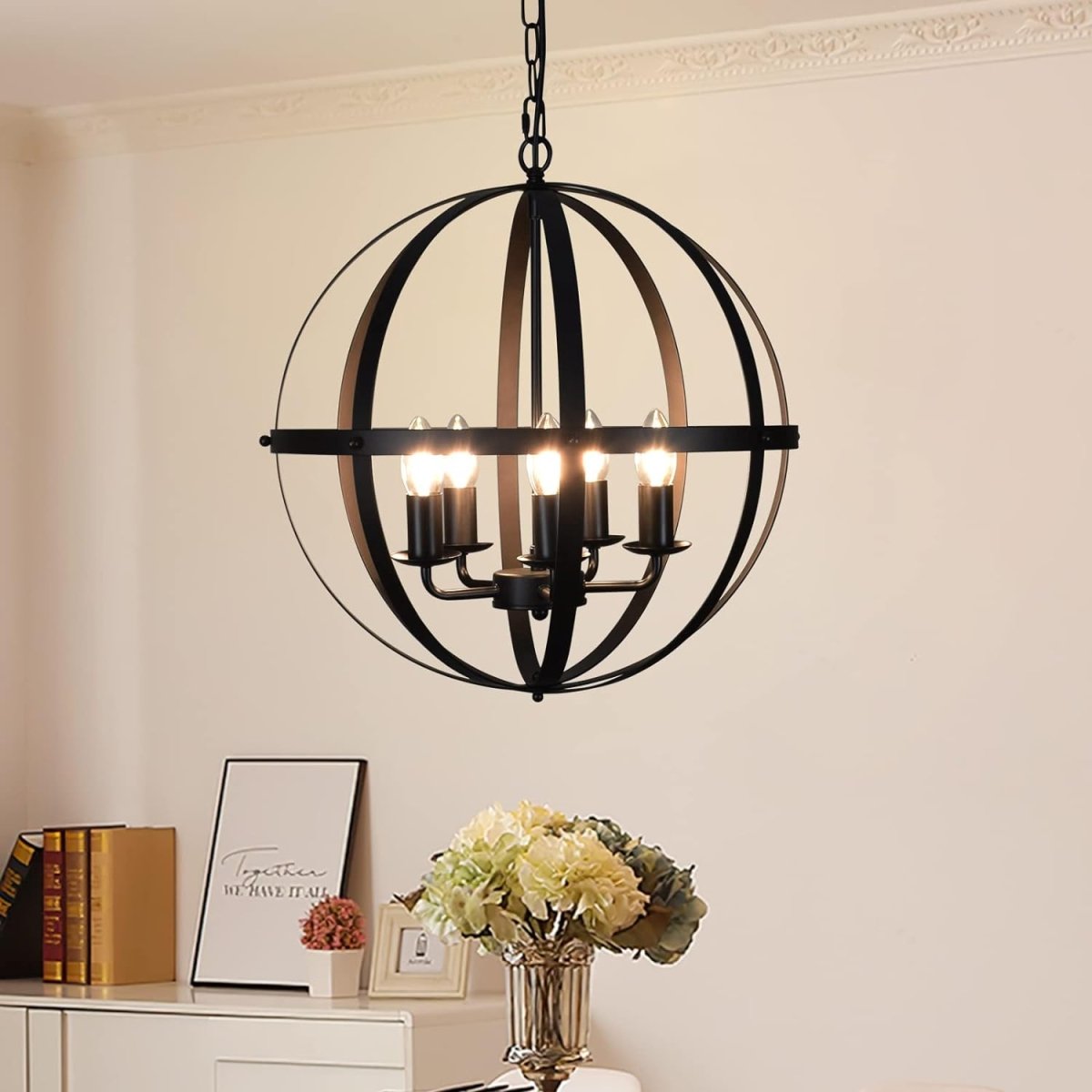 Depuley Rustic 5 Light Globe Chandelier Adjustable Hanging Pendant Lighting Fixture with Spherical Metal Shade for Kitchen Dining Room Living Room Hallway Entryway Burnished Gold Matte Black DEPULEY