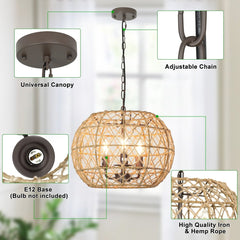 Depuley Rustic Woven Pendant Light, 3-Light Metal Basket Hanging Lights Fixture with Hemp Rope Finish, 39 Inch Adjustable Chain Vintage Chandeliers for Kitchen/Dining Table/Living Room - WS-FND90-40B 3 | DEPULEY