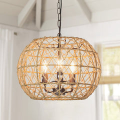 Depuley Rustic Woven Pendant Light, 3-Light Metal Basket Hanging Lights Fixture with Hemp Rope Finish, 39 Inch Adjustable Chain Vintage Chandeliers for Kitchen/Dining Table/Living Room - WS-FND90-40B 2 | DEPULEY