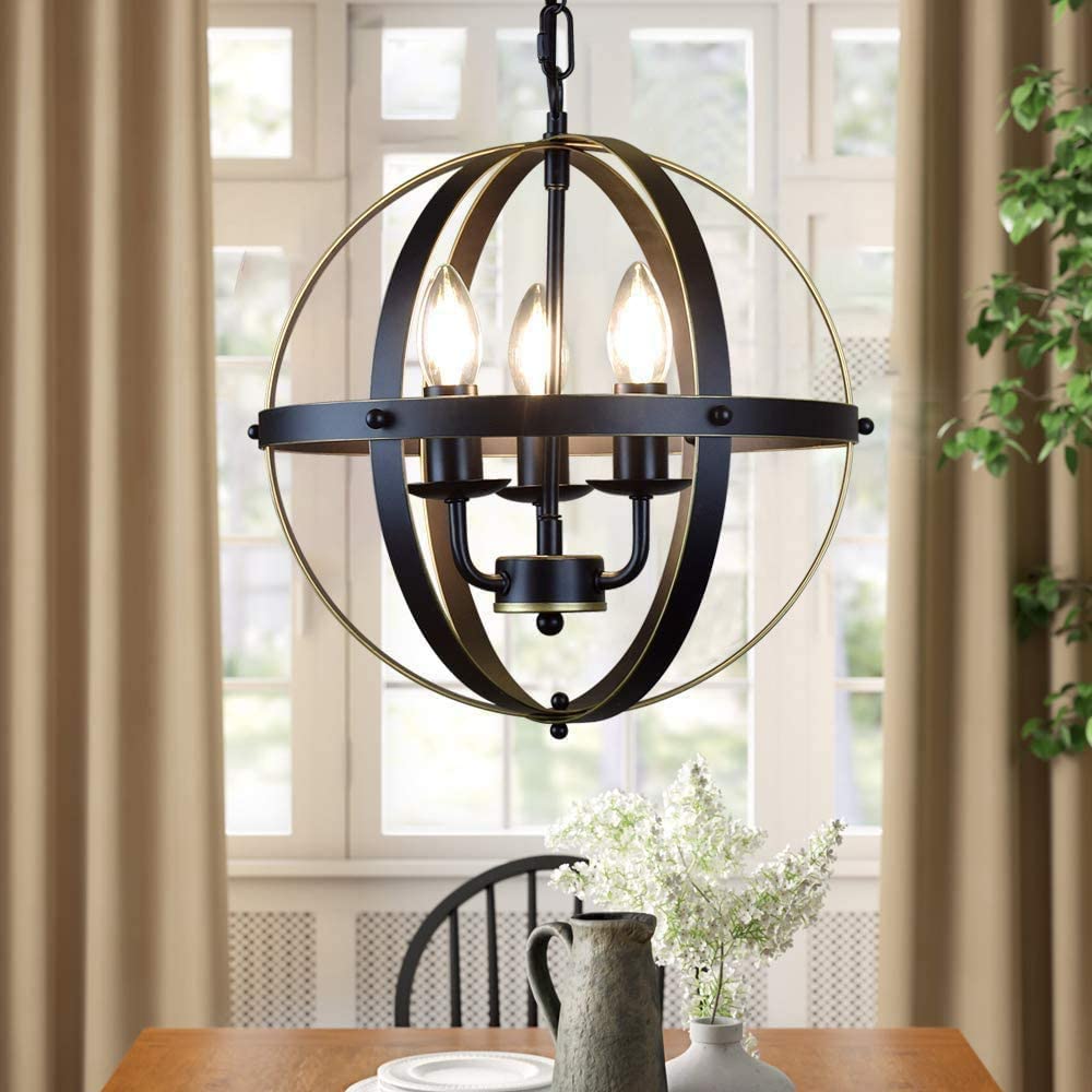 Depuley Vintage 3-Light Pendant Hanging Light, Flush Mount Ceiling Chandelier Lamp with Metal Spherical Shade for Kitchen, Dining Room, Living Room, Hallway, Bedroom, Entryway ( Matte Black / Burnished Gold) - WSCL34-3-G 11 | DEPULEY