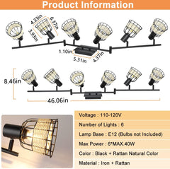 Depuley Vintage Track Ceiling Spotlight, 6-Head Bamboo LED Track Lighting Kit, Industrial Track Lamp, Rattan Caged Wall Light Fixture for Kitchen Island Living Room Bedroom - WS-FNG52-40B 3 | DEPULEY