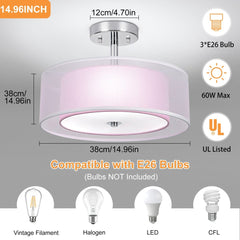 DLLT 15 Inch Pink Drum Light Fixtures with Double Fabric Shade, 3-Light Semi Flush Mount Ceiling Light Fixture, Modern Pendant Light Hanging for Living Room Bedroom Kitchen Dining Room Hallway Entryway - WS-FNC52-60B 4 | DEPULEY