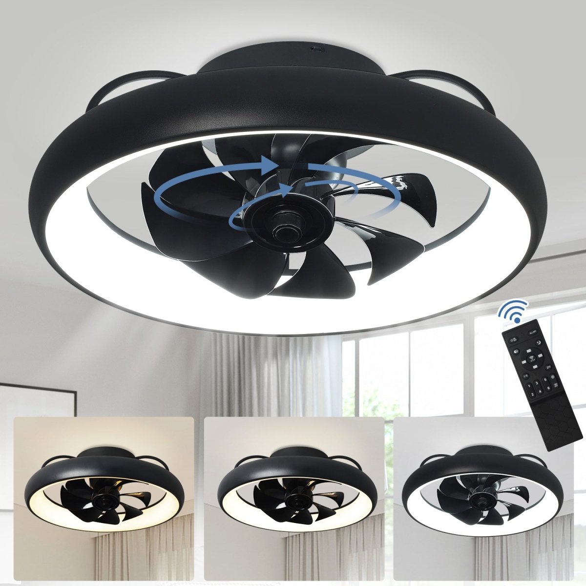DLLT 20" Low Profile Ceiling Fan with Lights, 360-Degree Rotation Modern Flush Mount Ceiling Fan, Dimmable LED Reversible Timing with Remote, 3CCT Adjustable for Kitchen Bedroom Living Room, Black - WS-FPZ51-33C-BK 1 | DEPULEY