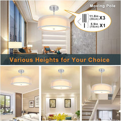 DLLT 3-Light Semi Flush Mount Ceiling Light Fixture, 20 Inch Adjustable Height Ceiling Hanging Lighting, Drum Pendant Light with Double Fabric Shade for Dining Room Living Room Bedroom Kitchen Entry Hallway - WSCL31-3W 4 | DEPULEY