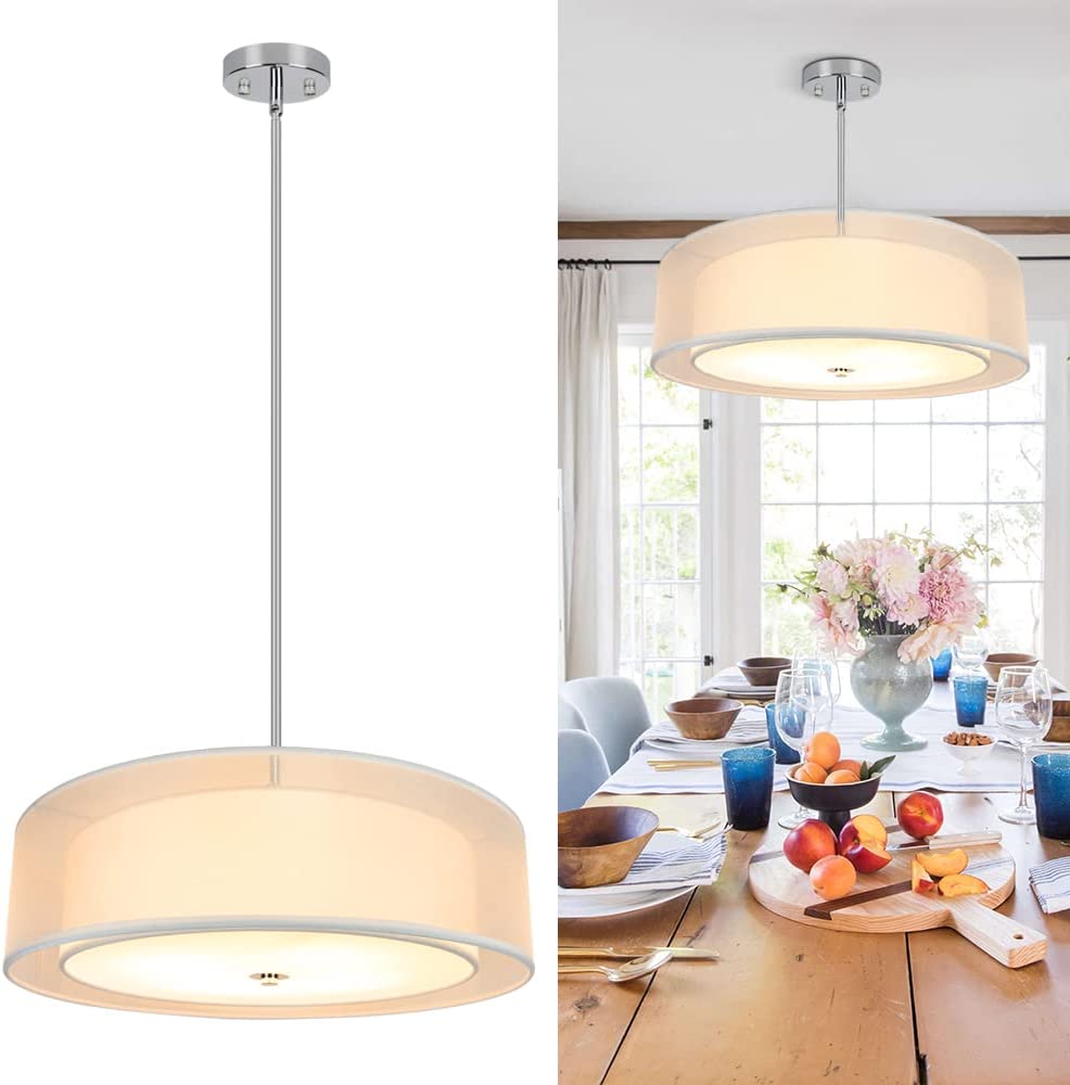DLLT 3-Light Drum Pendant Ceiling Light - Adjustable Height, Semi-Flush Mount, White Fabric Shade, E26 Sockets