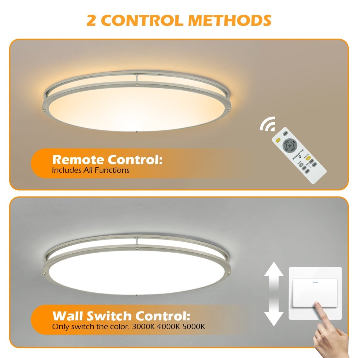 DLLT 32In Oval LED Ceiling Light Fixture, 65W Dimmable LED Flush Mount Ceiling Light with Remote, 3000K/4000K/5000K Adjustable, Brush Nickel Finish for Bedroom/Living Room/Dining Room - WS-FPC39-65C-D 7 | DEPULEY