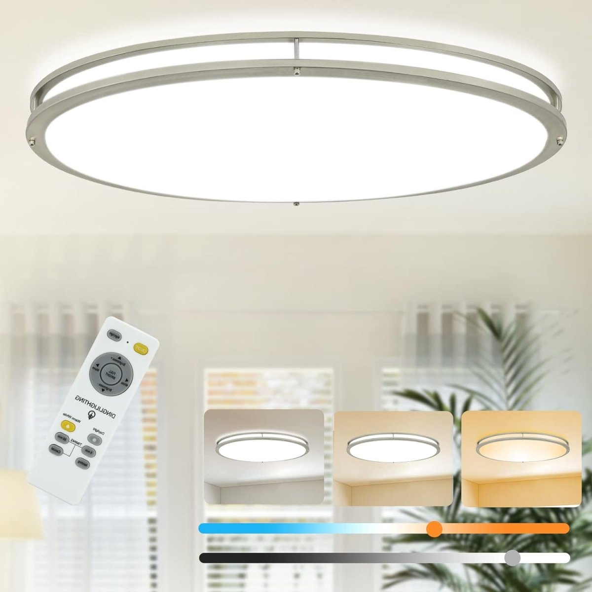 DLLT 32In Oval LED Ceiling Light Fixture, 65W Dimmable LED Flush Mount Ceiling Light with Remote, 3000K/4000K/5000K Adjustable, Brush Nickel Finish for Bedroom/Living Room/Dining Room - WS-FPC39-65C-D 3 | DEPULEY
