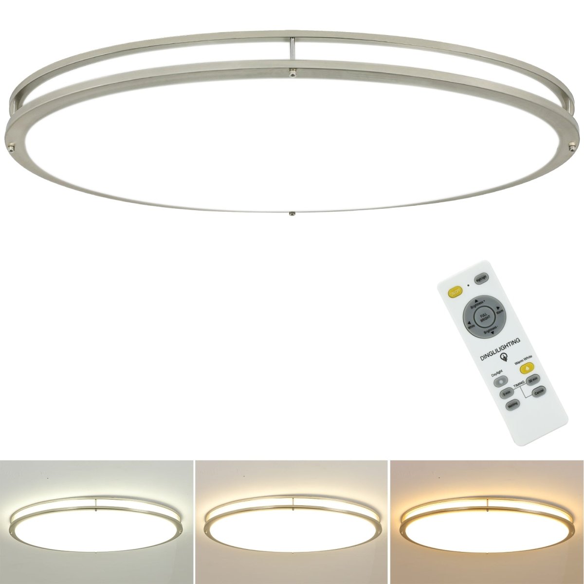 DLLT 32In Oval LED Ceiling Light Fixture, 65W Dimmable LED Flush Mount Ceiling Light with Remote, 3000K/4000K/5000K Adjustable, Brush Nickel Finish for Bedroom/Living Room/Dining Room - WS-FPC39-65C-D 1 | DEPULEY