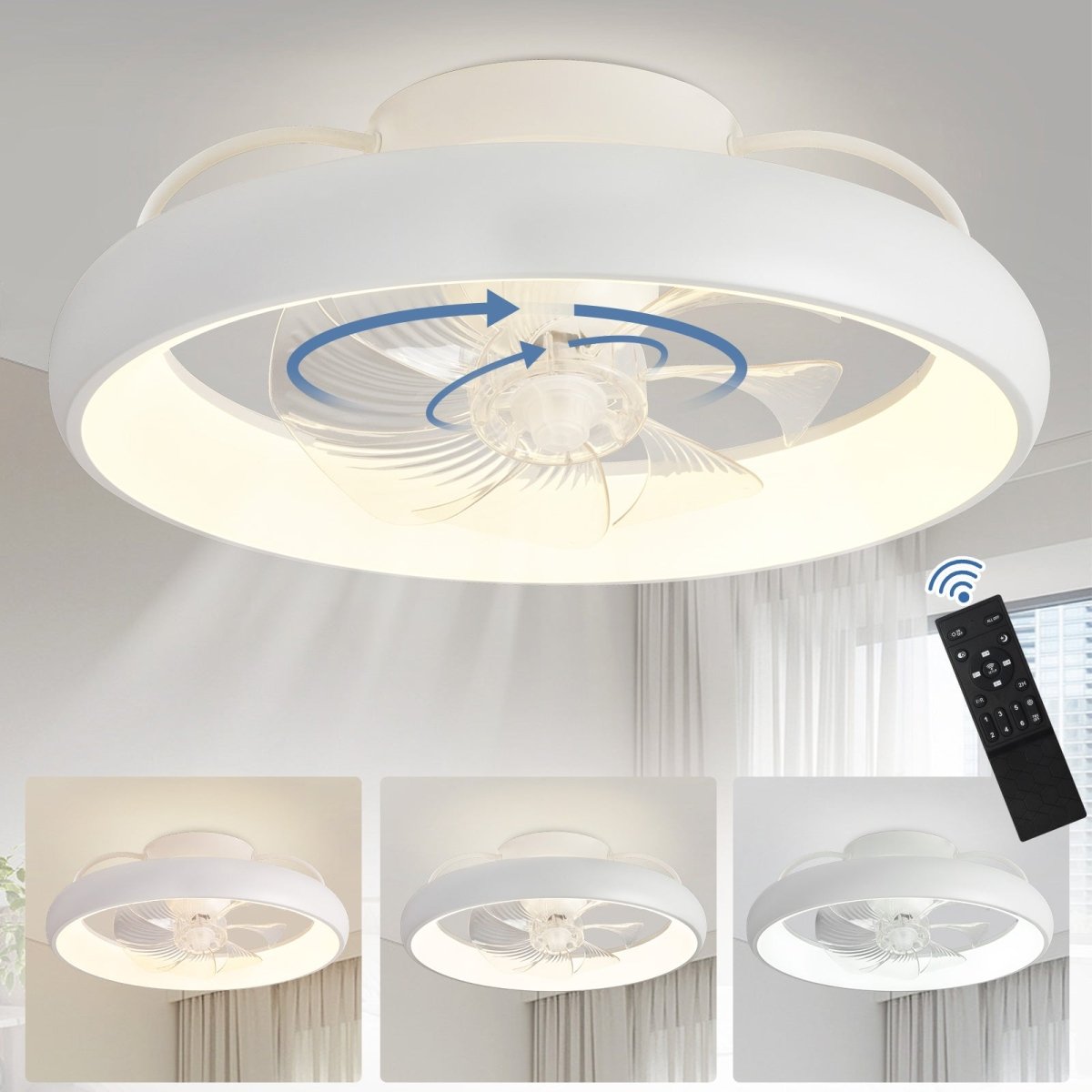 DLLT 360-Degree Rotation LED Flush Mount Ceiling Fan, Modern Low Profile Ceiling Fan with Lights and Remote, Dimmable Reversible Timing, 3CCT Adjustable for Kitchen Bedroom Living Room, White,20 in - WS-FPZ51-33C-WH 2 | DEPULEY