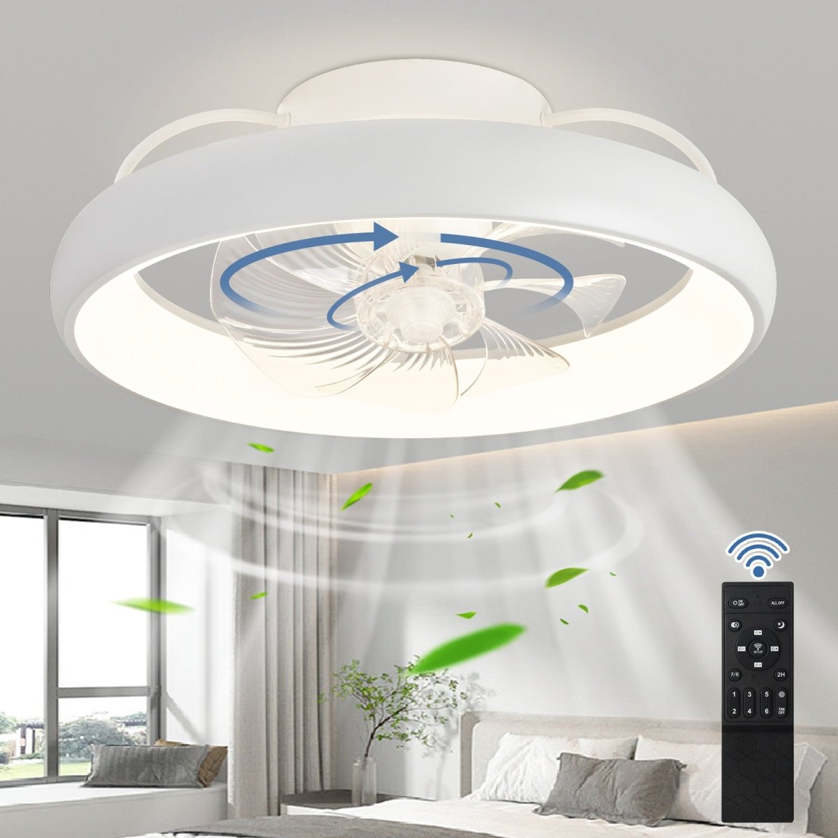DLLT 360-Degree Rotation LED Flush Mount Ceiling Fan, Modern Low Profile Ceiling Fan with Lights and Remote, Dimmable Reversible Timing, 3CCT Adjustable for Kitchen Bedroom Living Room, White,20 in - WS-FPZ51-33C-WH 1 | DEPULEY