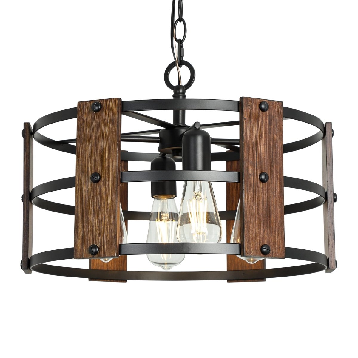 DLLT 4-Light Farmhouse Chandelier Light Fixtures Adjustable Height Rustic Drum Pendant Light for Living Room, Dining Room, Bedroom, Foyers, Walnut Wood and Black Metal Finish - WS-FND99-60B 1 | DEPULEY