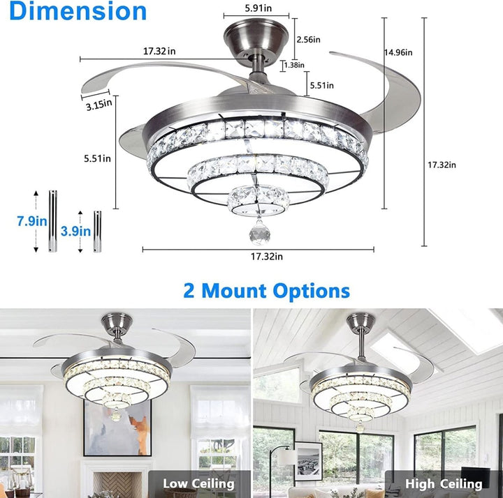 DLLT 42'' Crystal Ceiling Fan with Light, 36W Modern Ceiling Fan Remote, 3-Blade Retractable Led Fan Chandelier Indoor for Living Room, Bedroom, Dining Room, Color Changeable 3000K-6000K Nickel - WSFSL002-36C 9 | DEPULEY