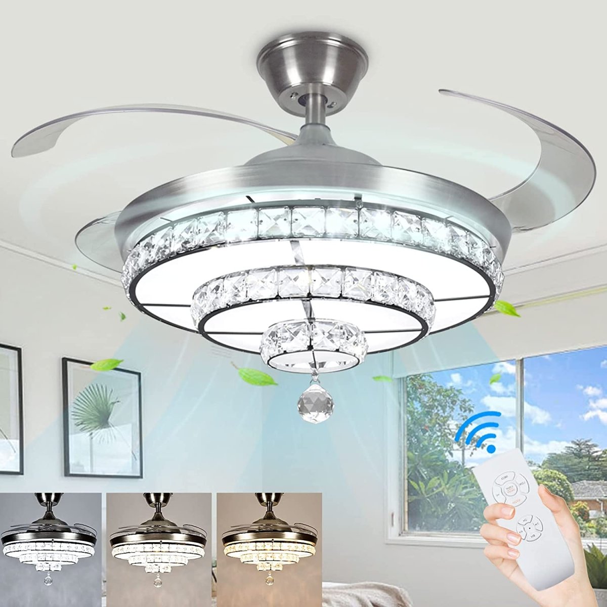 DLLT 42'' Crystal Ceiling Fan with Light, 36W Modern Ceiling Fan Remote, 3-Blade Retractable Led Fan Chandelier Indoor for Living Room, Bedroom, Dining Room, Color Changeable 3000K-6000K Nickel - WSFSL002-36C 1 | DEPULEY