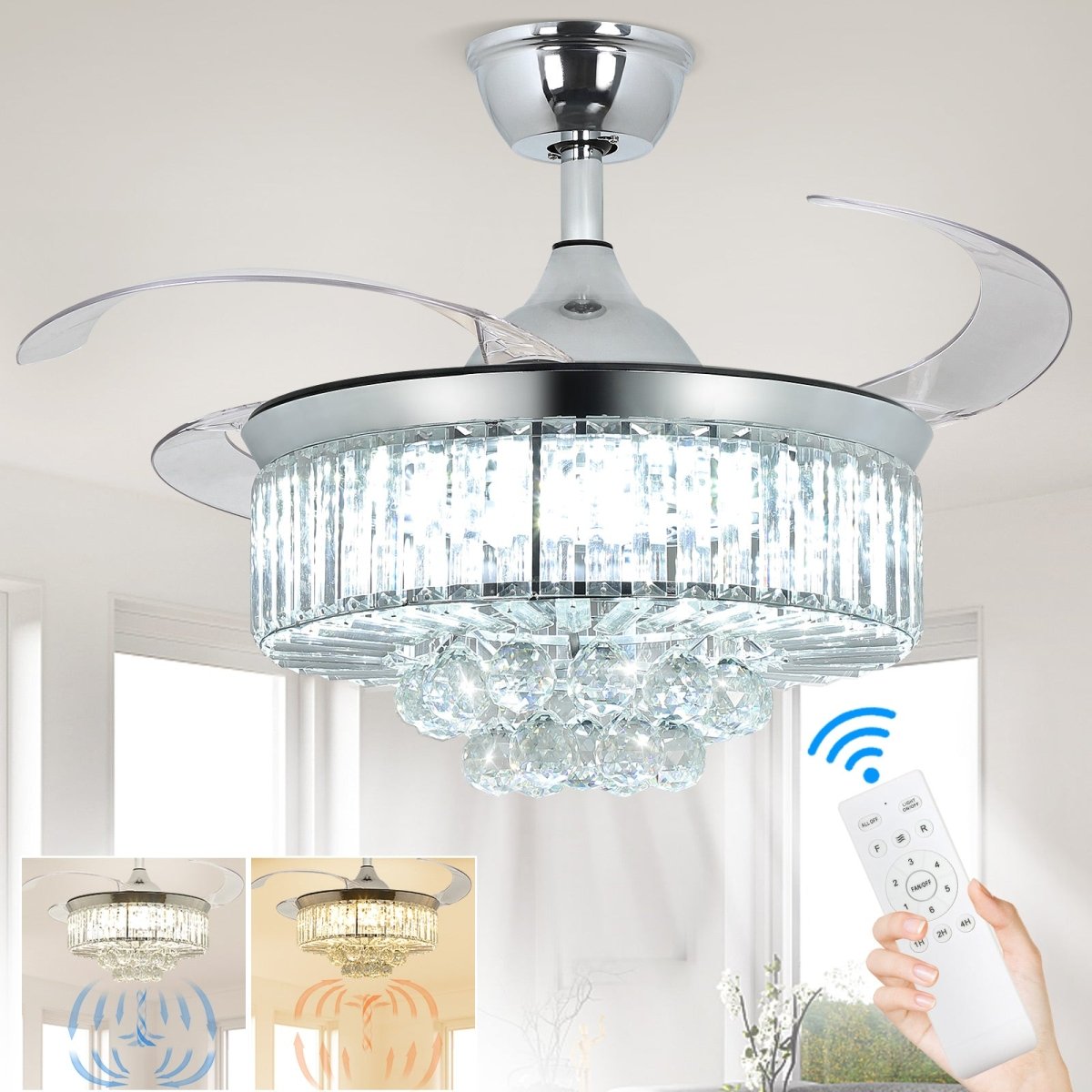DLLT 42 In Modern Crystal Retractable Invisible Blades Fandelier, LED Chandelier Ceiling Fan with Lights and Remote for Bedroom, Living Room, 3 Color Changeable 3000K-6000K, Reversible DC Motor, 6 Speed, Silver - WS-FPZ39-36C 1 | DEPULEY