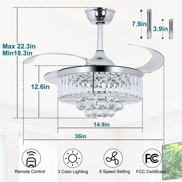 DLLT 42 In Modern Crystal Retractable Invisible Blades Fandelier, LED Chandelier Ceiling Fan with Lights and Remote for Bedroom, Living Room, 3 Color Changeable 3000K-6000K, Reversible DC Motor, 6 Speed, Silver - WS-FPZ39-36C 8 | DEPULEY